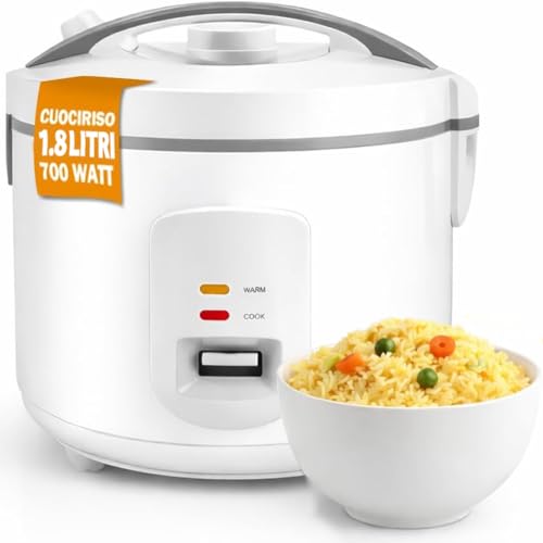 BAKAJI Cuociriso Elettrico Capacità 1.8 Litri con Cottura Automatica Sana e Veloce, Cuoci Riso Potenza 700 W per Cucina Carne, Verdure, Frutta e Fiori, Pentola Antiaderente, Facile Utilizzo (Bianco)
