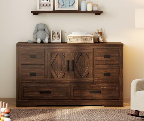 WAMPAT Modern Farmhouse Baby Dresser with Changing Table Top and Barn Door Cabinet, Wood Nursery Dresser for Kids' Bedroom,Nursery Room,Rustic Brown