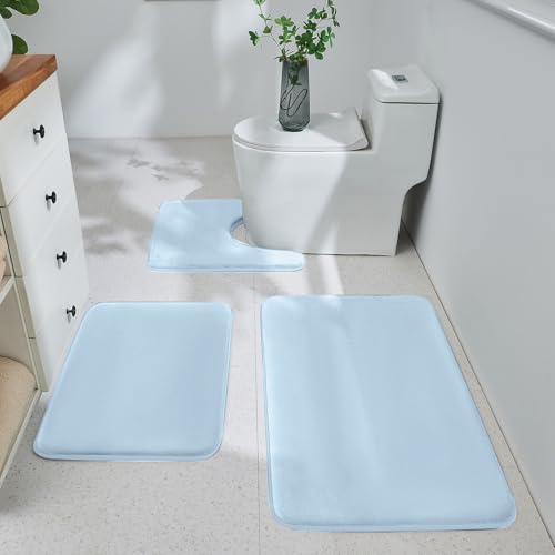HUXMEYSON 3 Piece Bathroom Rug Set, Soft Velvet Memory Foam Bath Mats, Quick Dry & Washable, Non-Slip PVC Backing Bath Rugs for Bathroom Floor, Tub, and Toilet - Light Blue