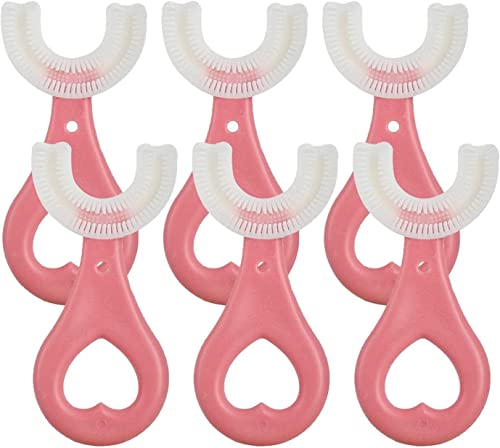 U字型歯ブラシ、子供のU字型歯ブラシ、ベビー歯ブラシ、0?12歳の子供用手動歯ブラシ、360°口腔洗浄デザイン、ベビーフードグレードのシリコンブラシヘッド用の特別なデザイン (小, 6ピンク)