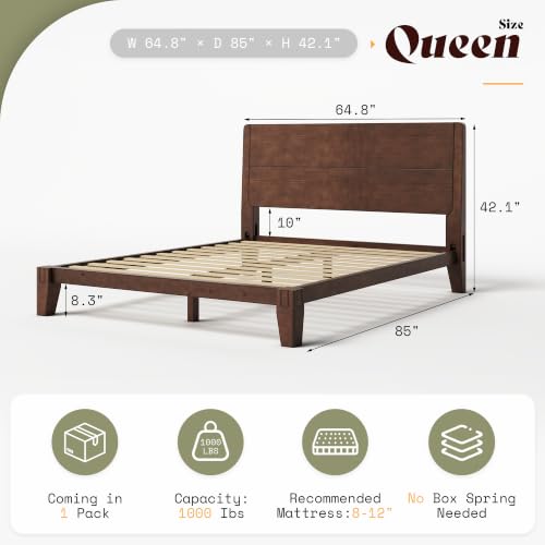 Image of AMERLIFE Solid Wood Queen Bed Frame with Headboard, Japanese Joinery,Walnut