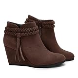 Fashare Womens Wedge Ankle Boots Braided Fringe Strap Western Heeled Winter Booties Dress Shoes, Chocolate Suede, Size 8.5