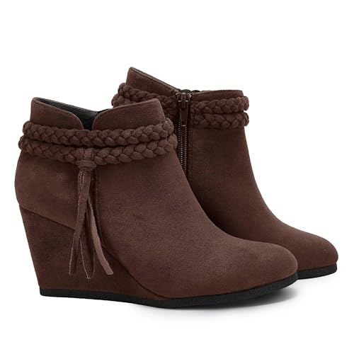 Image of Fashare Womens Wedge Ankle Boots Braided Fringe Strap Western Heeled Fall Booties Dress Shoes