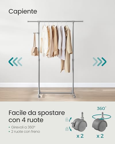 SONGMICS Stand Appendiabiti con Ruote, Attaccapanni, Altezza Regolabile 97-165 cm, Barra Estensibile, Ganci Laterali per Accessori, Grigio Tortora LLR001G01 - Immagine 3