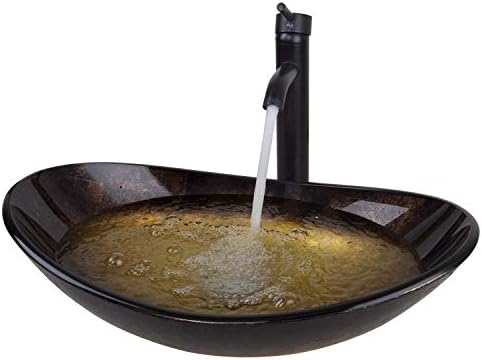 Yanksmark Glass Wash Bowl Vessel Sink Vanity Sinks & Oil Rubbed Bronze Bathroom Faucet Combo Set Come with Pop Up Drain