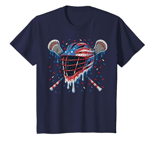 Patriotic American Flag Lacrosse Ice Cream Drip Lax Boys T-Shirt, Youth, Navy Blue, Medium