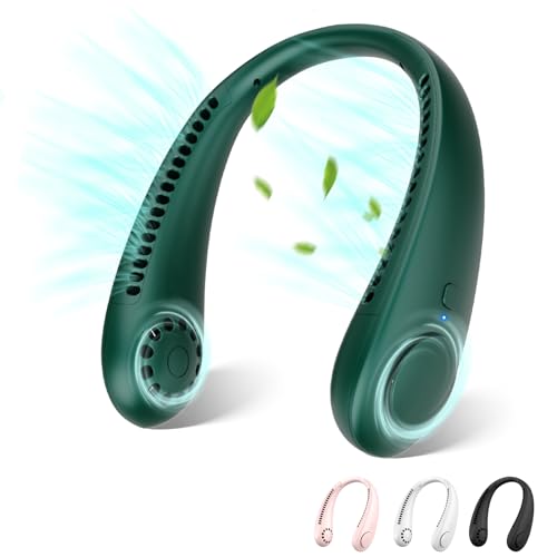 Ventilador de Cuello, Silencioso Mini Ventilador Portatil Refrigeración, Ventilador Cuello Colgante Sin Hojas con 3 Velocidades para Senderismo,Viajes, Campin (Verde)