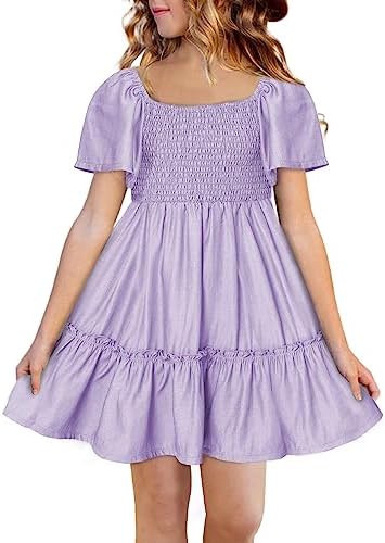 blibean Tween Girl Denim Dress Kid Summer Ruffle Short Sleeve Jean Dresses Semi Formal Solid Dressy Clothes Boho Fancy Party Clothing Size 12-13 Years Old Purple