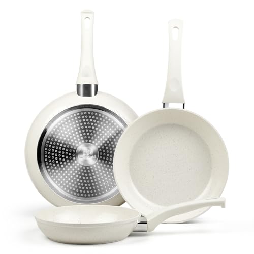 Image of Innerwell Ceramic Frying Pan Set, Set of 3 Non Stick Frying Pans, White Ceramic Induction Cookware, Nonstick Skillet Omelette Egg Frying Pan Set, kitchen Cooking Pan Set, PFOA&PFAS Free