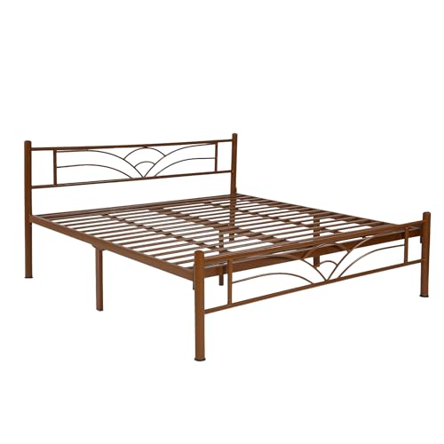 Image of Zyra Metal King Size Bed Without Storage | Wrought Iron Double Bed with Headboard & Footboard | Sturdy Powder Coated Platform Bed King Size Cot for BedroomLivingRoom Brown (75x72)