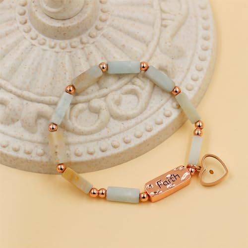 Image of Elastic Faith Bracelet for Women, Adjustable 7 inch Natural Stone Bracelet with Heart Mustard Seed Charm, Spiritual Christian Jewelry for Baptism, Graduation, Religious Celebration YA4856