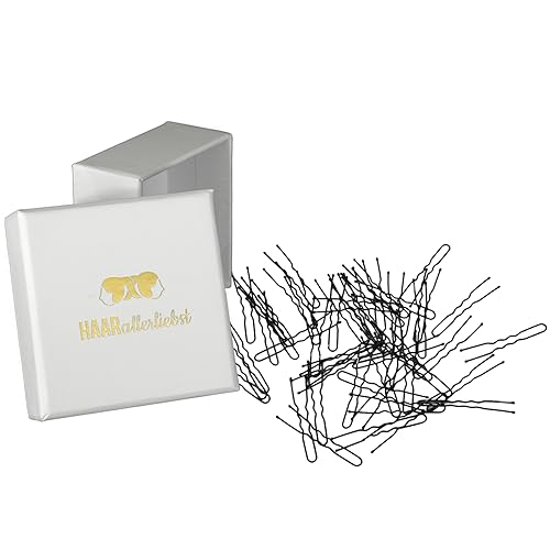 HAARallerliebst® Haarnadeln schwarz 50 Stück, 5cm inkl Aufbewahrungsbox - U Form Haarklammern - Haargabeln für Damen Mädchen, Haarnadel Hairpin Haarschmuck (schwarz; Schachtelfarbe: weiss)