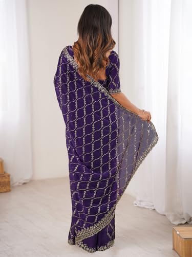 Image of AKHILAM Women's Shimmer Chiffon Heavy Sequence Embroidery Work Saree With Unstitched Blouse Piece (VT798A VM Parent)