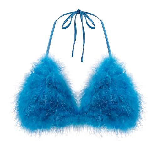TYNORA Women's Fluffy Fur Triangle Bra Crop Top Sexy Strappy Halter Feather Bandage Cami Top Rave Top Clubwear Bule Feather