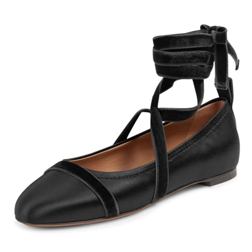 miss left Women Lovely Closed Round Toe Satin Ballet Flats Strappy Ankle Strap Comfy Party Dating Dressy Shoes Size 4-16 US