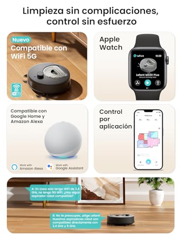 Lefant M330 Plus Robot Aspirador y Fregasuelos 3 en 1,150min, 5000Pa,Navegación dToF,Zonas Virtuales, Evitación de Obstáculos PSD 190°, Mapeo,Recipiente Desmontable,Conectado por Alexa/App/WiFi