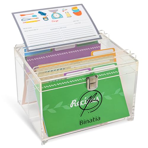 Binatia Clear Acrylic Recipe Box with 50 Double-Sided 4x6 cards – Kitchen Organizer with Dividers, Index Card Holder & Bonus Recipe Book, Dimensions: 7.08"x5.51"x5.31"