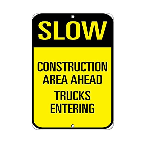 peiyeety Warning Sign Slow Construction Area Ahead Trucks Entering Traffic Sign Business Sign Aluminum Metal Tin Sign 8"x12"
