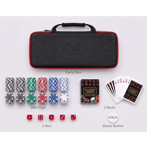 Image of Adult Casino Style 500 Chips /Pcs Poker Chips Set with A Unbreakable Aluminum Finish Case, 2 Decks of Card Game, 5 Dice, 1 Dealer Button for Kids(Classic Multiplayer Game)
