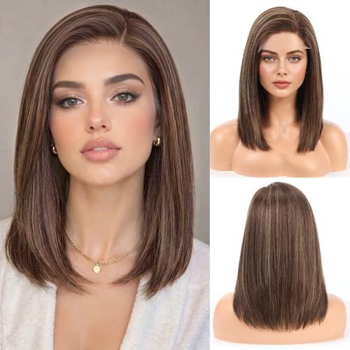 Image of Brown with Blonde Highlights Wig Human Hair Pre Plucked Straight Short Bob Wigs 5x6 UHD Lace Front Wigs Remy Real Human Hair for Women 14Inch