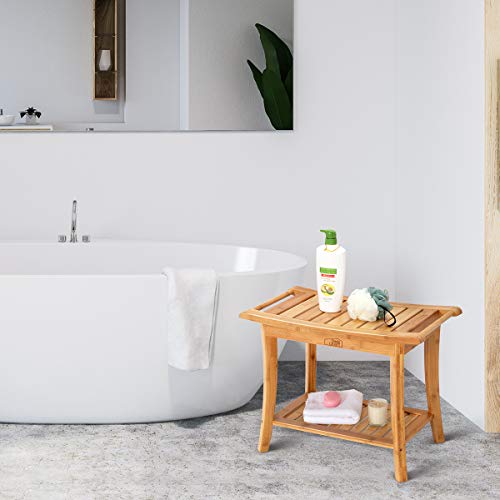 Oasiscraft Bamboo Shower Bench Seat With Free Soap Dish, 24" Waterproof Shower Chair With Storage Shelf, Wood Spa Bath Organizer Seat Stool, Perfect For Indoor Or Outdoor #TOP6