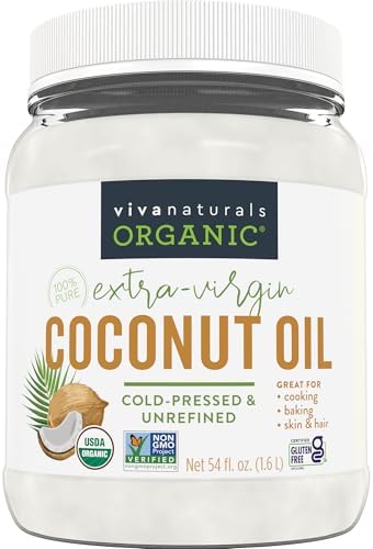 Viva Naturals Organic Coconut Oil, 54 fl oz – Unrefined, Cold-Pressed Extra Virgin Coconut Oil, USDA Organic & Non-GMO, Natural Cooking Oil, Hair Oil & Skin Oil