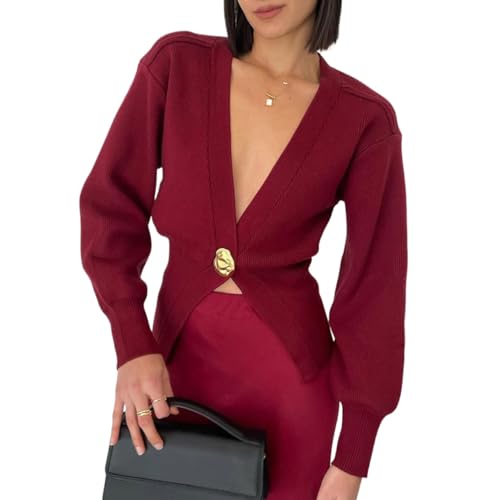 Women's Sexy Deep V-Neck Knit Cardigan Sweater, Casual Long Sleeve Open Front Draped Cardigan with Single Button (US, Alpha, Medium, Regular, Regular, Burgundy)