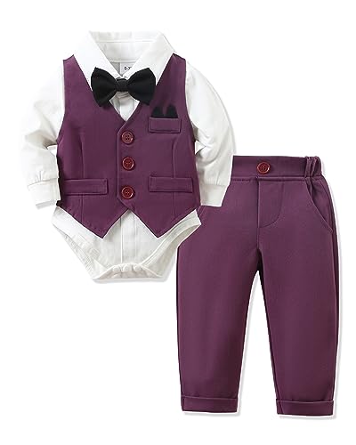 Image of YALLET Baby Boy Clothes Suit 0-24 Months Infant Gentleman Outfits Formal Dress Shirt+Bowtie+Vest+Pants Set Baby Wedding Suits