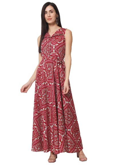 Image of Rudraaksha Women's Printed Maxi Dress Sleeveless Fit & Flare Long Dress || Western Dress for Women || Stylish Maxi Dress Dress || Summer Dress || Boho Printed Dress for Women