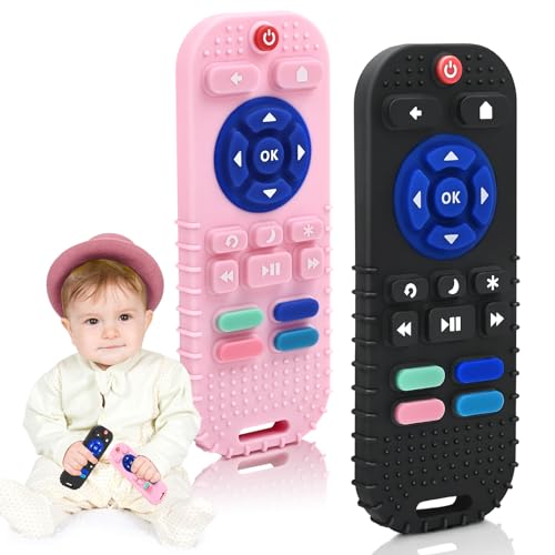 Teething Relief Teethers Toys for Babies 3 6 9 12 Months Gifts Essentials, Silicone Sensory Remote Control Baby Teether Toy for Newborn Infant Boy Girl Autism Easter Basket Stuffers, Pink & Black