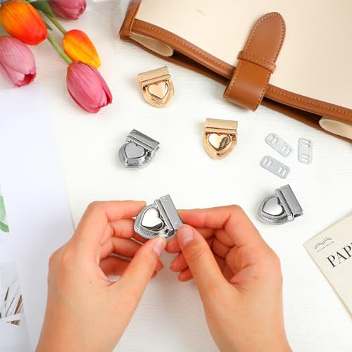 TXIN 8 Pieces Heart Tuck Lock Clasp Catch Purse Thumb Lock Purse Buckle Fasteners Tongue Lock Handbag Wallet Hardware for DIY Craft Bag Handbag Making,4 Silver&4 Gold
