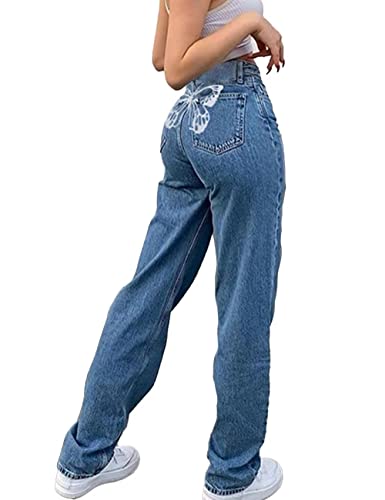 s.lemon High Waist Boyfriend Jeans Damen,90er Y2K Butterfly Muster Weite Straight Bein Blaue Hosen Jeans,Blue S