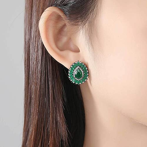 14K Gold Teardrop Shaped Emerald Studs For Women, Moissanite Halo Stud Earrings, Vintage Jewelry for Evening Party3