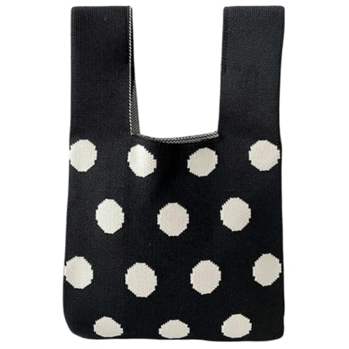 Bolso de muñeca tejido con estampado de lunares para mujer, color negro, estilo polka dot, pequeño y práctico, ideal para compras diarias o como regalo miniatura 1