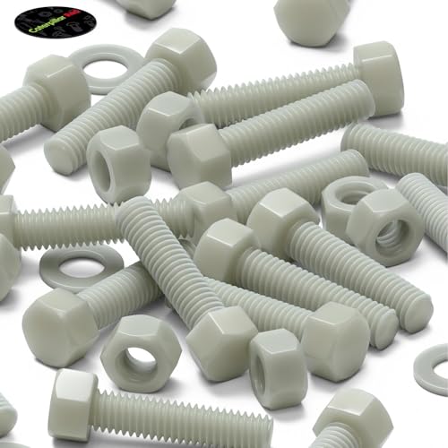 Image of 50x Natural PA66 50% Glass-Fibre Hex Head Plastic Bolts, Nuts & Washers, M5 x 20 mm, (13 /64 x 25 /32 in)
