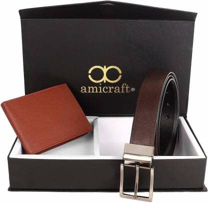 Image of Amicraft Faux Leather Men's Wallet & Belt Combo Set Black Brown Reversible Gift set