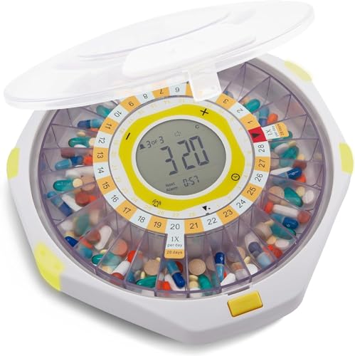 LiveFine Bluetooth Automatic Pill Dispenser 28-Day Capacity Sound & Light Alerts Key Lock LCD & Easy Setup on the LiveFine App for Prescriptions Medications Vitamins & Supplements - Frosted Lid
