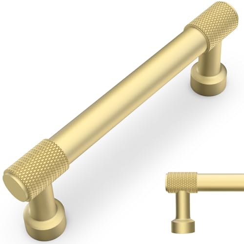 BUKOBYHE 10 Pack 3.75Inch(96mm) Brushed Gold Kitchen Cabinet Handles Knurled Cabinet Pulls Gold Drawer Pulls Kitchen Hardware