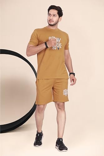 Image of HOODMASTER Men's Cotton Night Suit Set of Top & Knee Length Shorts with Round Neck Half Sleeves Solid Pattern Regular Fit and Standard Length | Mens Cotton Night Suit | T-Shirt and Shorts Sets