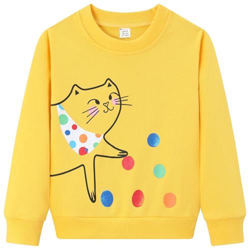 Dinopjs Girls Sweatshirts Casual Pullover Cute Cat Spotted T-shirt Rainbow Spotty Girl Kitty Cotton Crewneck Polka Dot Long Sleeve Tops Children in Need Warm Shirts Clothes for Kids, Yellow