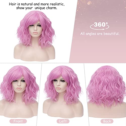 Women's Short Curly Wig 14 Inches Bob Wigs With Fringe For Women Halloween Cosplay Party Fancy Dress, Pastel Wavy Synthetic Light Pink Wigs For Girls Costume #TOP2