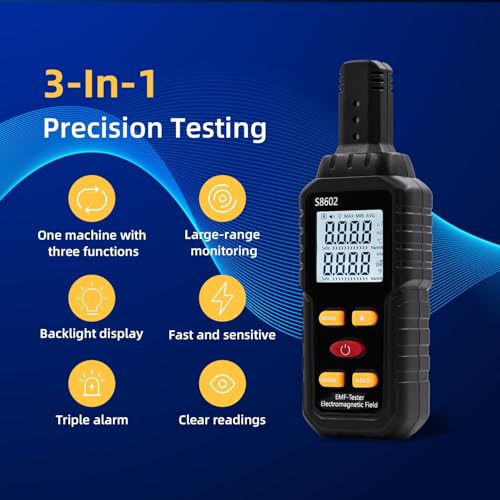 3 in 1 Elektromagnetischer Feldstrahlungsdetektor, Handheld Digital EMF Messgerät, Multifunktionalität von Elektrischer und Magnetischer Strahlung und Temperatur, für Zuhause, Büro, Außenbereich