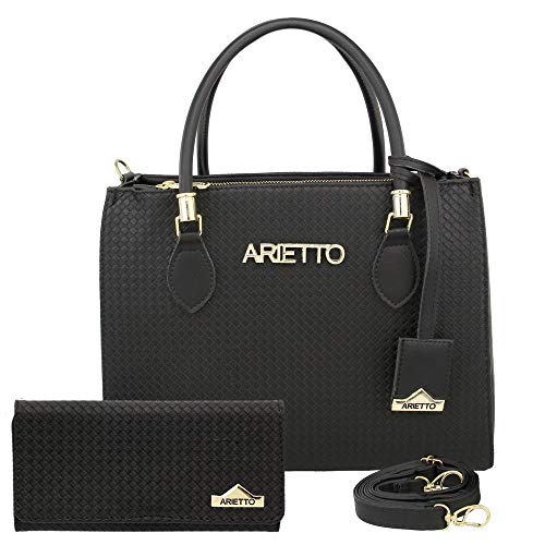 Kit Bolsa Baú Grande Trançada e Carteira Arietto Cor:Preto