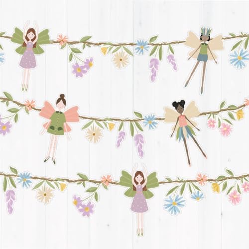 Cheerland Fairy Party Banner Garden Fairy Garland Enchanted Flower Hanging Fairies Decor for Woodland Birthday Girl Baby Shower Fairytale Classroom Onederland First Bday Tea Party Decorations 2pcs