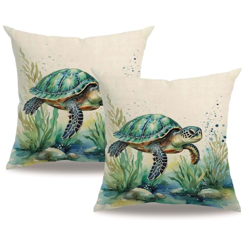 7COLORROOM Sea Pillow Covers 18x18 Inch Ocean Animals Sea Turtle Cushion Case Coastal Beach Theme Farmhouse Summer Decoration 2Pack Square Pillowcase for Patio Couch Sofa (Green)