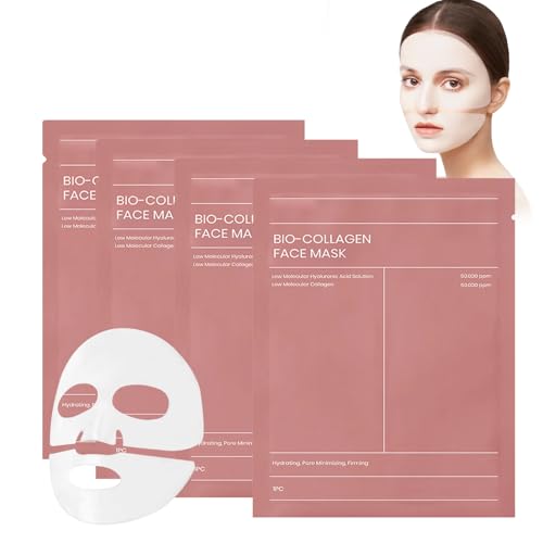Masque au Collagène, Bio Collagen Mask, 4 Pièces Bio Collagen Real Deep Mask, Bio-Collagen Korean Deep Mask, Film de Collagène, Pore Minimizing, Raffermissant la Peau, Hydratant