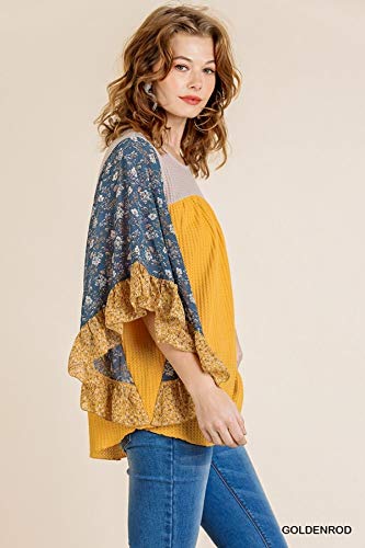 Umgee Women's Floral Mixed Print Dolman Sleeve Waffle Knit Top (Small, Goldenrod) #TOP2