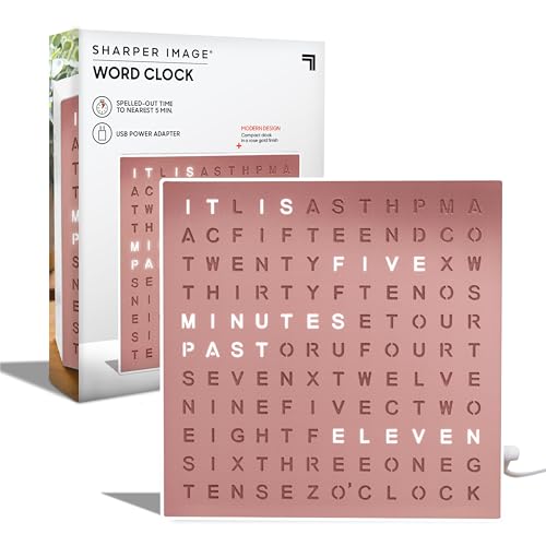 Tells time in words ("IT IS QUARTER PAST THREE") lit up in a rose gold LED grid — a conversation piece that makes you do a double-take before you can read it.