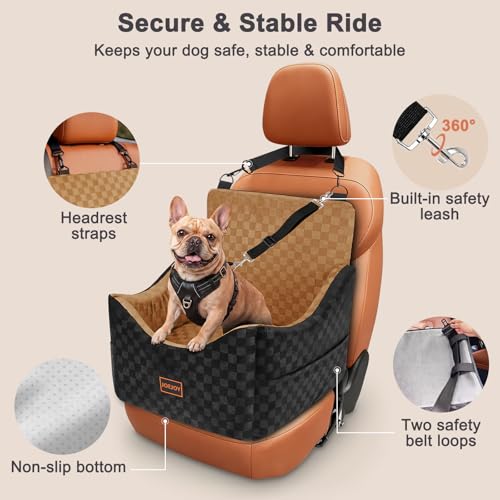 Image of JOEJOY Elevated Dog Car Seat for Small /Medium Dogs up to 35 lbs, Memory Foam Booster Seat with Detachable Washable Cover, Travel-Safe Car Bed with Safety Belts & Storage Pockets, Brown