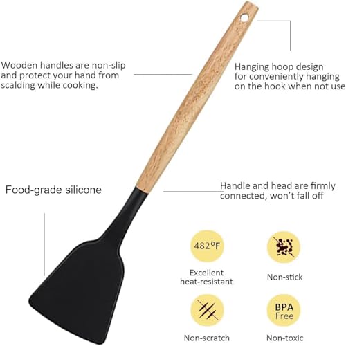 Image of Silicone Spatula Set, Spatula Set with Wooden Handle for Cooking and Mixing, for Non Stick Pan, Kitchen Tools Set of (3, Black)